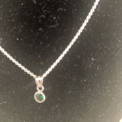 Fine Silver  925 Chain With Pendant Round Green Stone. New