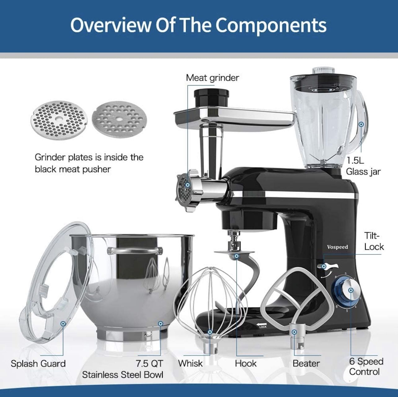 3in1 Vospeed Black Stand Mixer New In Box With Attachments for Sale