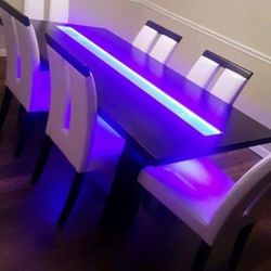 Blue LED Glass Inlay Dining Room Table & 6 Chairs