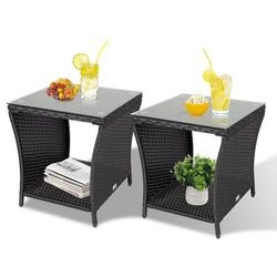 Wicker Side Table for Patio Set of 2, PE Rattan Outdoor Small End Table with Square Glass Top, 2 PCS Bistro Coffee Tables with Storage Shelf for Garde