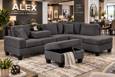 Dark Gray Corduroy Sectional Sofa with Storage Ottoman