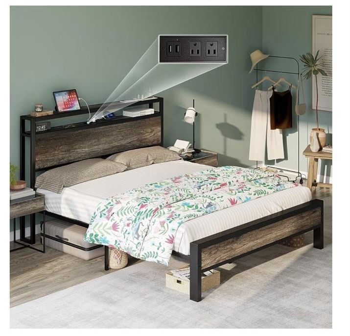 Queen Size Bed Frame, Platform Bed Frame with 2-Tit Headboard and Charging Station/No Box Spring Noise Free/Industrial/Rustic Grey