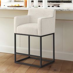 LUE BONA 27'' H Counter Height Bar Stools，Modern Barstools with Open Arms, Black Metal Frames, Linen Fabric Upholstered Bar Stool for Kitchen Island, 