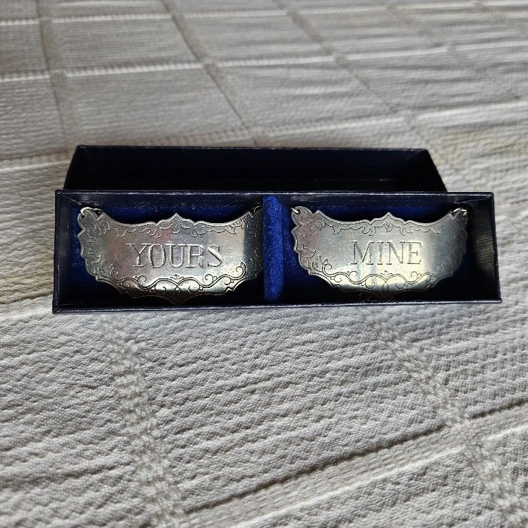 VINTAGE KIRK STIEFF PEWTER "YOURS" "MINE" DECANTER/BOTTLE LABELS