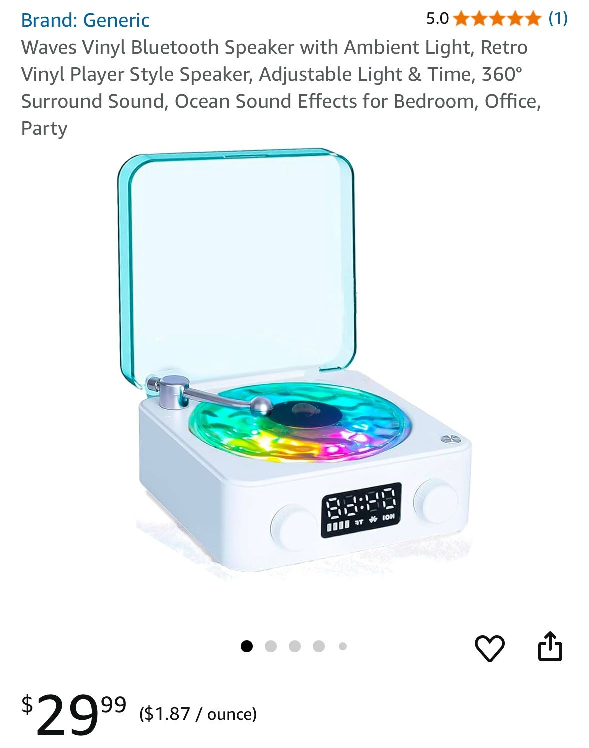 Waves Vinyl Bluetooth Speaker with Ambient Light, Retro Vinyl Player Style Speaker, Adjustable Light & Time, 360° Surround Sound, Ocean Sound Effects