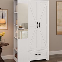 Armoire Wardrobe Closet -White with Mirror, storage and drawers