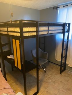 Black Metal Loft Bed with Desk and Shelves