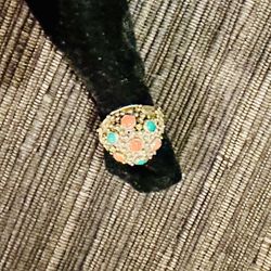 Adjustable Silver, Turquoise & Coral Ring - Currently Size 8.75