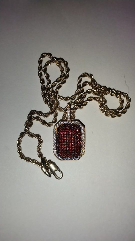 Iced Ruby Pendant With Gold Chain 