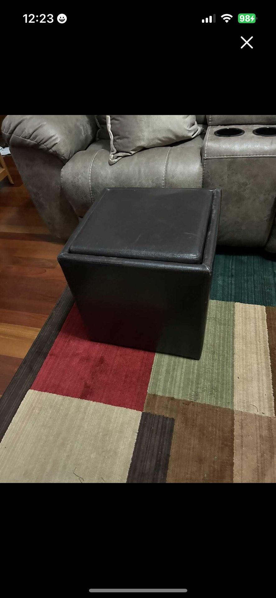 Heavy duty dark brown leather storage ottoman table top flips over for table 17.5”T 17.5”L 17.5”W