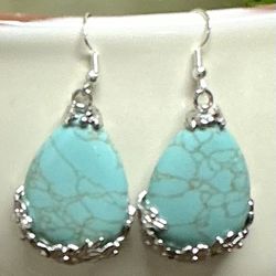 Teardrop, Blue Turquoise Gemstone Jade Tibet .925 Sterling Silver