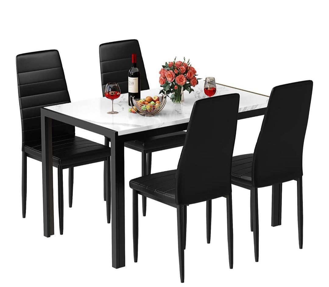 5-Piece Marble Dining Table Set with 4 Pu Leather Metal Frame Chairs for 4, 31.2"H Table