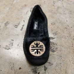 AMY Black Fur Slippers with Gold Medallion