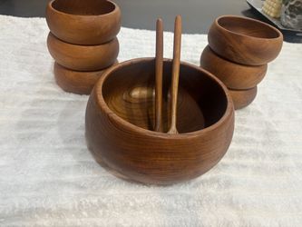 🌿 Vintage Hand-Carved Teak Salad Bowl Set – 8 Pieces