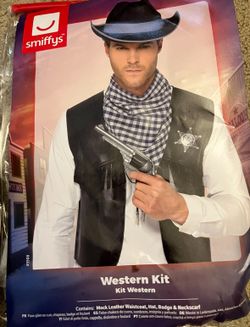Halloween Costume Men cowboy Cow Adult Boy Man Western Black Sheriff Hat Vest Neckscarf Costumes Party Adult Large Medium L M