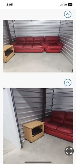Red Leather Couch with Single Arm Chair