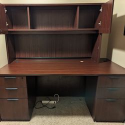 Red Wood Office Computer Desk With Hutch And Drawers