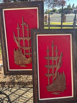 Pair of Framed 3D Wood Ship Wall Art
