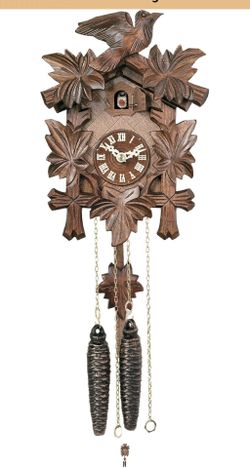 One Day Hand-Carved Cuckoo Clock with Five Maple Leaves & One Bird - 9 Inches Tall - Model # 11-09