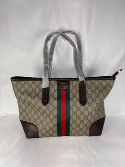 Beige & Brown GG Monogram Tote Bag with Green & Red Web Stripe