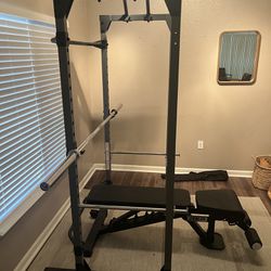 Home Gym Set (Squat Rack, REP Adjustable Bench, Titan Barbell, Bumper Plates, and some Accessories)