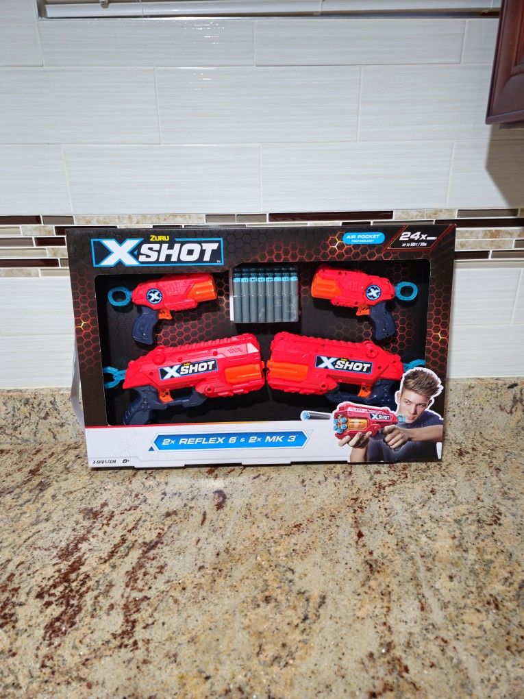 Zuru X-Shot 4 Gun Bundle 2x Reflex 6 & 2x MK 3 with 24 Foam Darts guns
