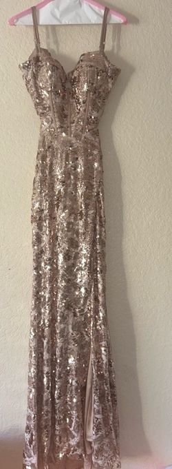 Rose gold Maxi Sequin Prom dress with leg slit