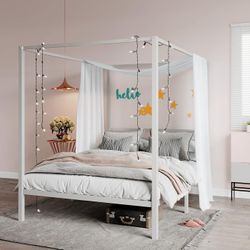 Queen Size Canopy Bed Frame with Heavy Duty Metal Slats, White Modern Minimalist Design Four-Poster, Under-Bed Storage Space, Mattress Foundation,whit