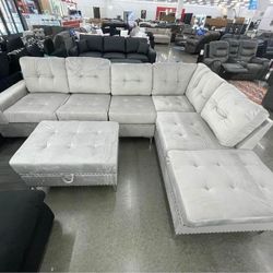 Brand New Light Grey Velvet Sectional With Storage Ottoman 