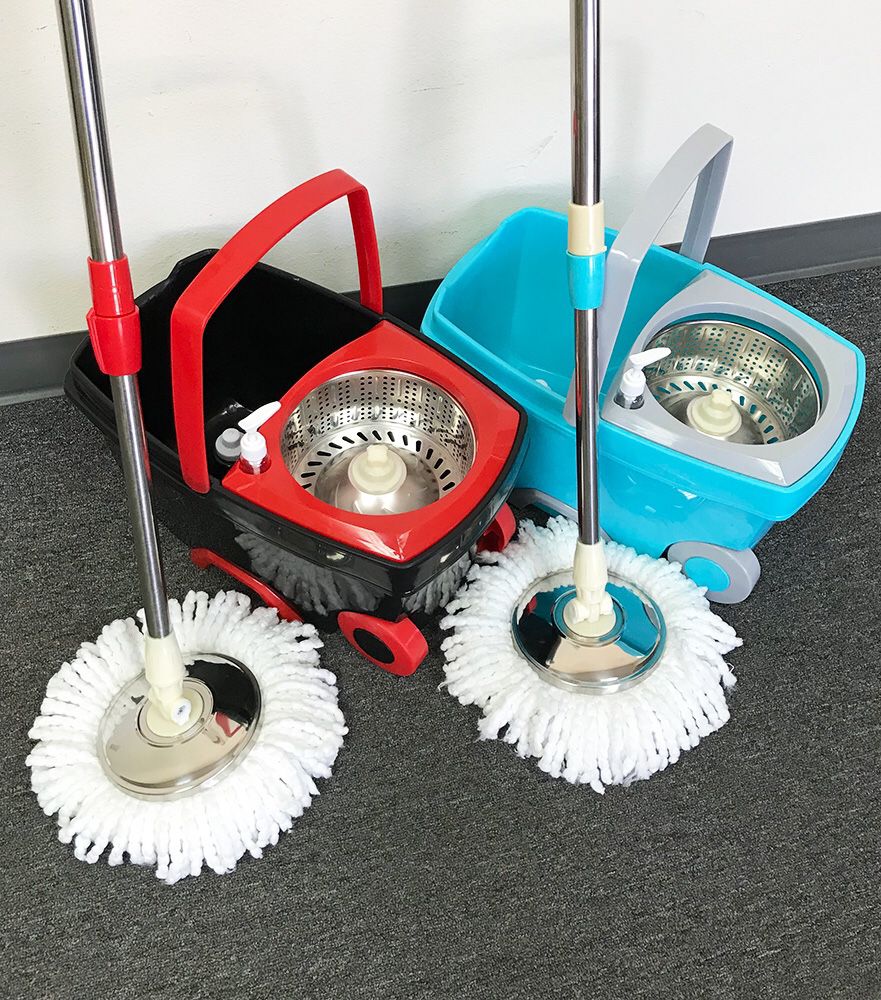 New $25 each Deluxe Spin Mop with Wheels and Extended Handle with 2x Microfiber Mop Heads