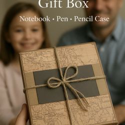 Vintage memory gift box. Notebook, pen, pencil case, letter set