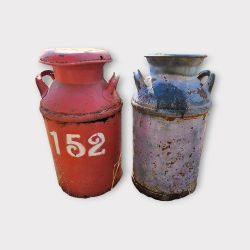 Antique Milk Cans 24" Tall 10 Gallon Dairy Jugs Set of 2 Galvanized Steel with Handles