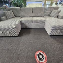 Brand New Light Biege Corduroy Sectional + Pullout Sofa And Storage Chaises