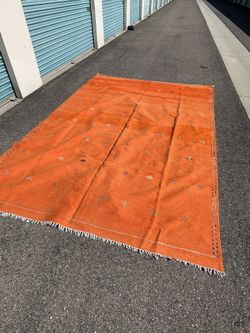 Old vintage Hand Woven Kilim Suzani Wool Rug Orange tribal in the mid century modern style 11’ 5” x 7’ 8”