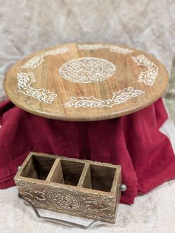 Boho Wooden Lazy Susan Tray + Rustic Organizer Set