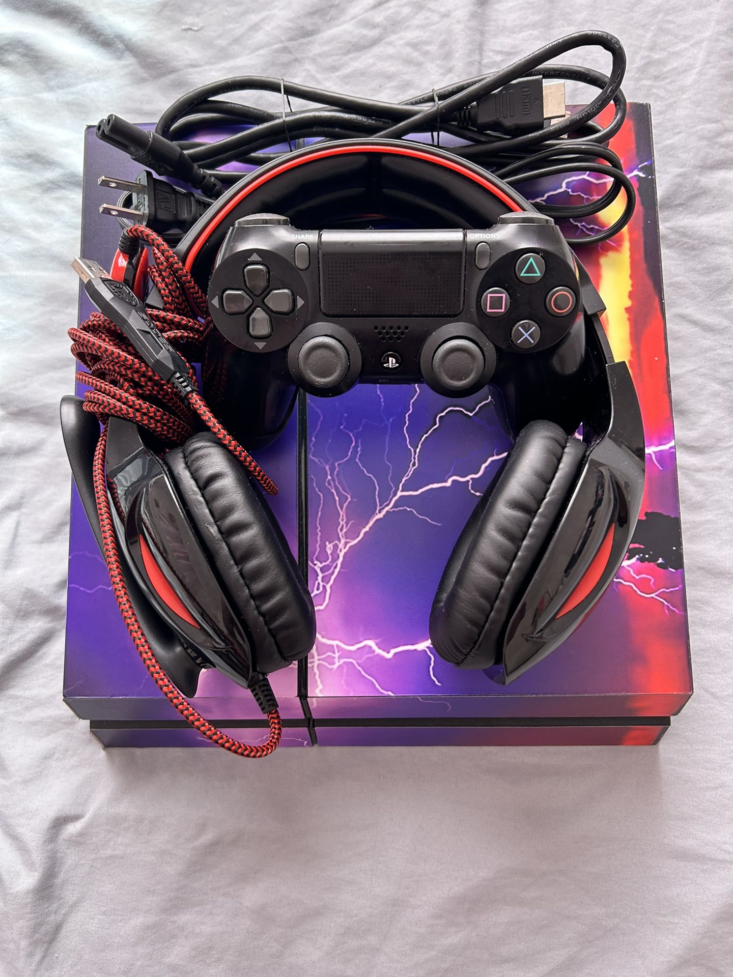 PS4 with BLACK SONY CONTROLLER HEADPHONES and CORDS