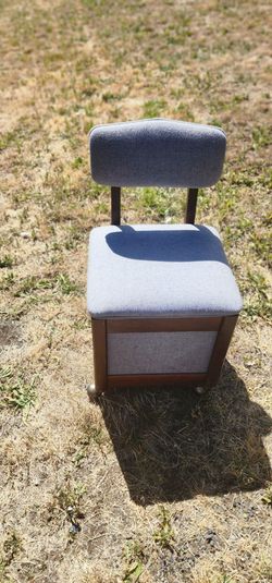 Vintage sewing chair with thread holder tray large storage area below with rolling casters