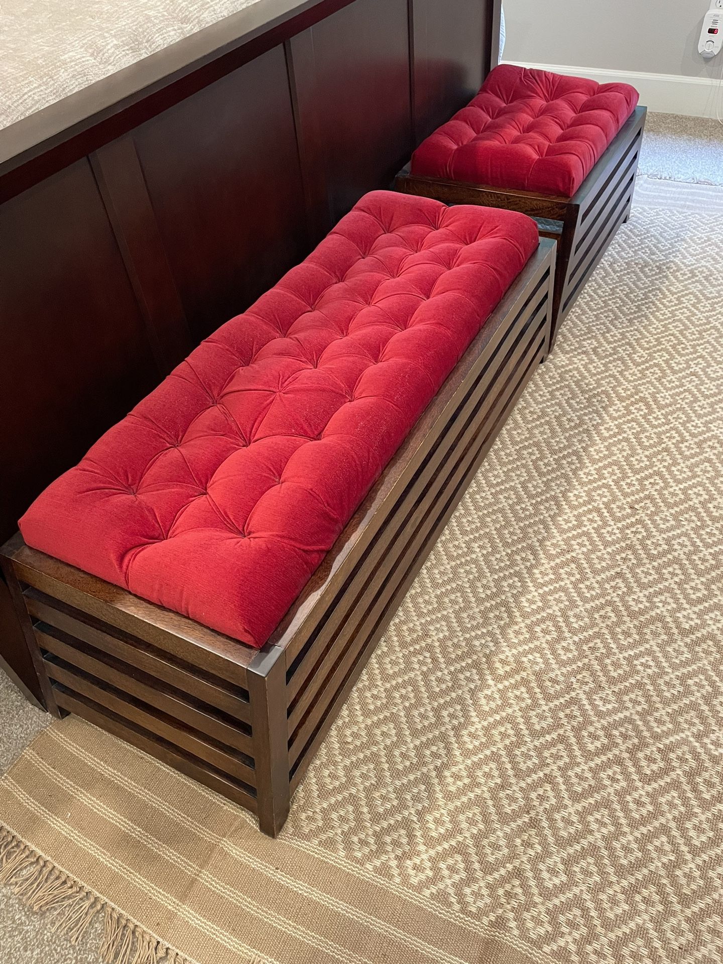 Handcrafted Solid Wood Benches with Luxe Tufted Red Cushions – Premium Artisan Furniture (Set of 2)