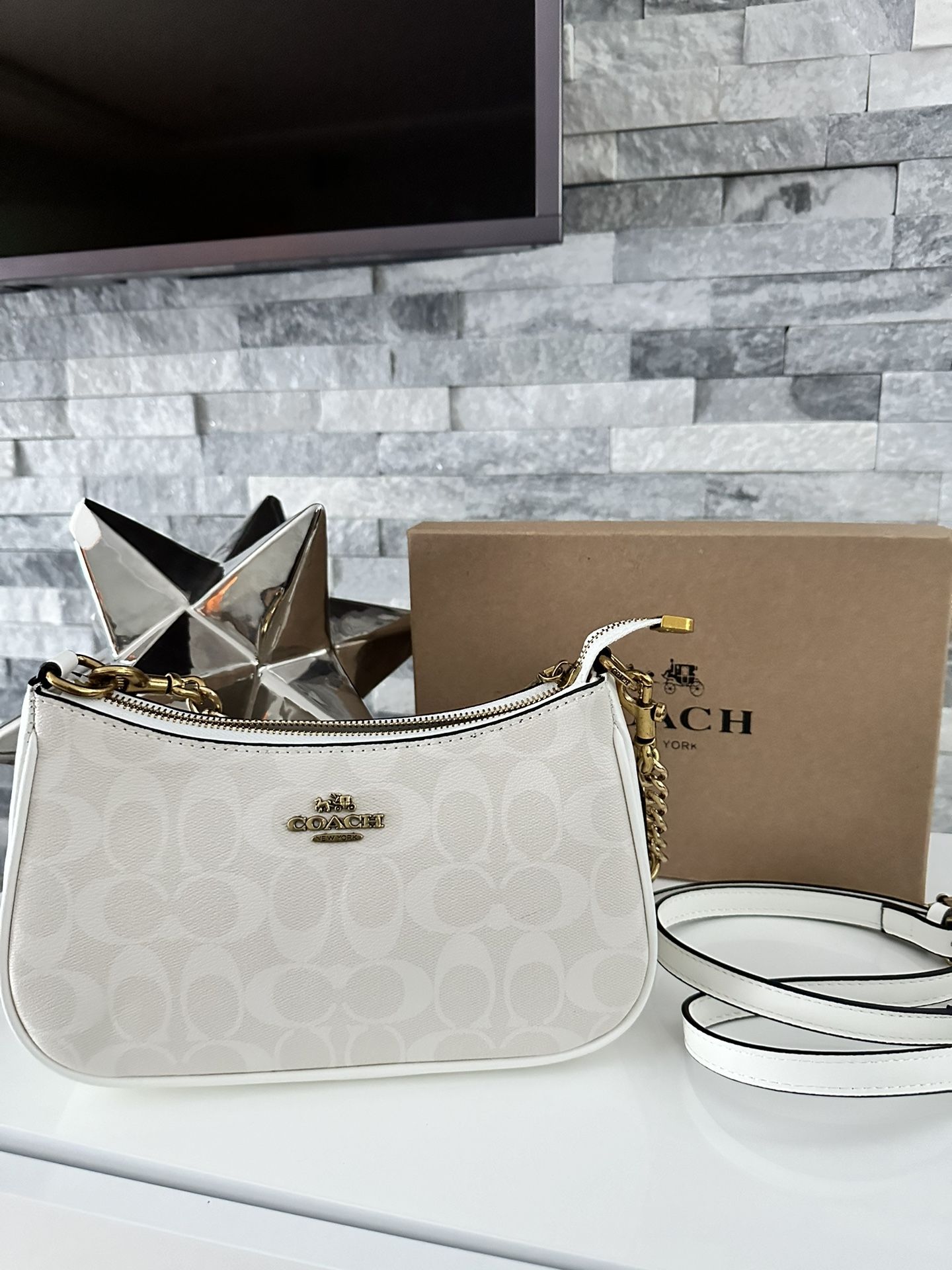 NWT Coach Teri Fashion Shoulder Bag In Leather Coated Canvas Glacier White CA548