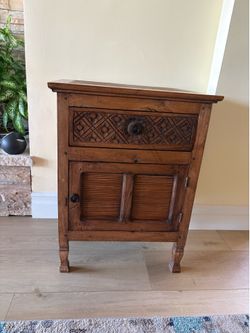 Rustic solid wood accent table fluted bamboo reed top.