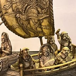 Vintage Dragon Ship 7 Immortals Carved Plastic Celluloid  7"L approx Japanese 
