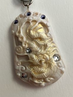 Pearlescent Oriental Rhinestone Dragon Charm Pendant Necklace w/ Thick Chain - Mythical Jewelry
