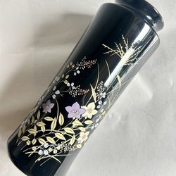 Vintage Japanese Black Vase With Purple And Gold Flowers 