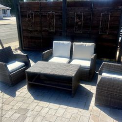 4-Piece Outdoor Wicker Patio Set – Couch, 2 Chairs & Coffee Table – Cushions Included – $225