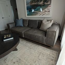 Restoration Hardware Italian Berkshire Leather Modular Couch Loveseat Sofa Dupe, 3 Pieces, Removable Back Cushions, Teak Wood Base, Down Feather Retai