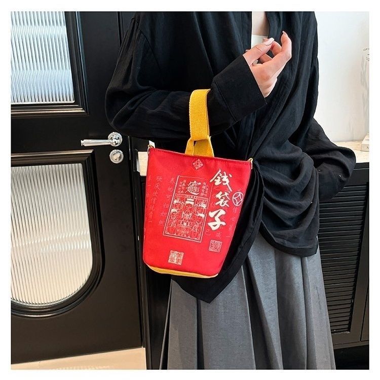 Red Canvas Bucket Crossbody Bag Chinese Noodle Cup Style Small Shoulder Bag new