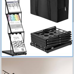 1Piece Foldable Magazine Rack Metal Catalog Literature Rack Portable 4 Pockets with Carrying Bag Brochure Stand Literature Display Holder Stand