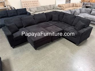 NEW Black Chenille Fabric U Shape Large Sectional Sofa and Reversible Chaise Set Free Ottoman Left Right Chaise Ashley Style Discount Big Couch SALE