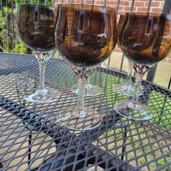 Vintage 1960s Brown Wine Glasses With Intricate Glass Stem