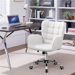 Faux Leather Desk Chair with Padded Armrests Modern Mid-back Office Chair Adjustable Computer Chair Vanity Chair, White